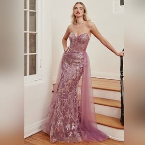 Amythest purple straple fitted embellished gown with tulle overskirt and zipper